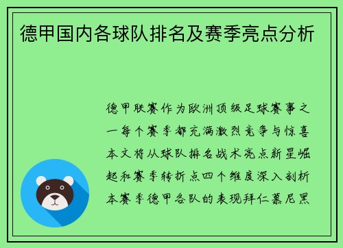 德甲国内各球队排名及赛季亮点分析